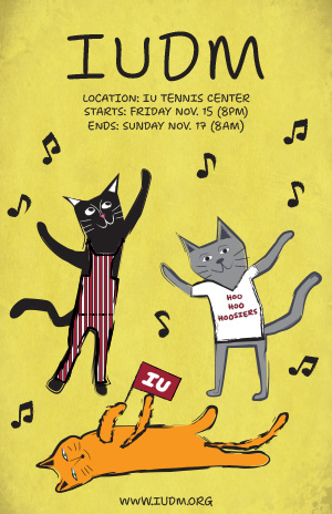 Indiana University Dance Marathon poster featuring three dancing cats dressed in IU clothing.